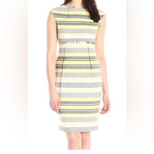 Women's Calvin Klein Yellow, White and Black Striped Career Sheath Dress. Size 4